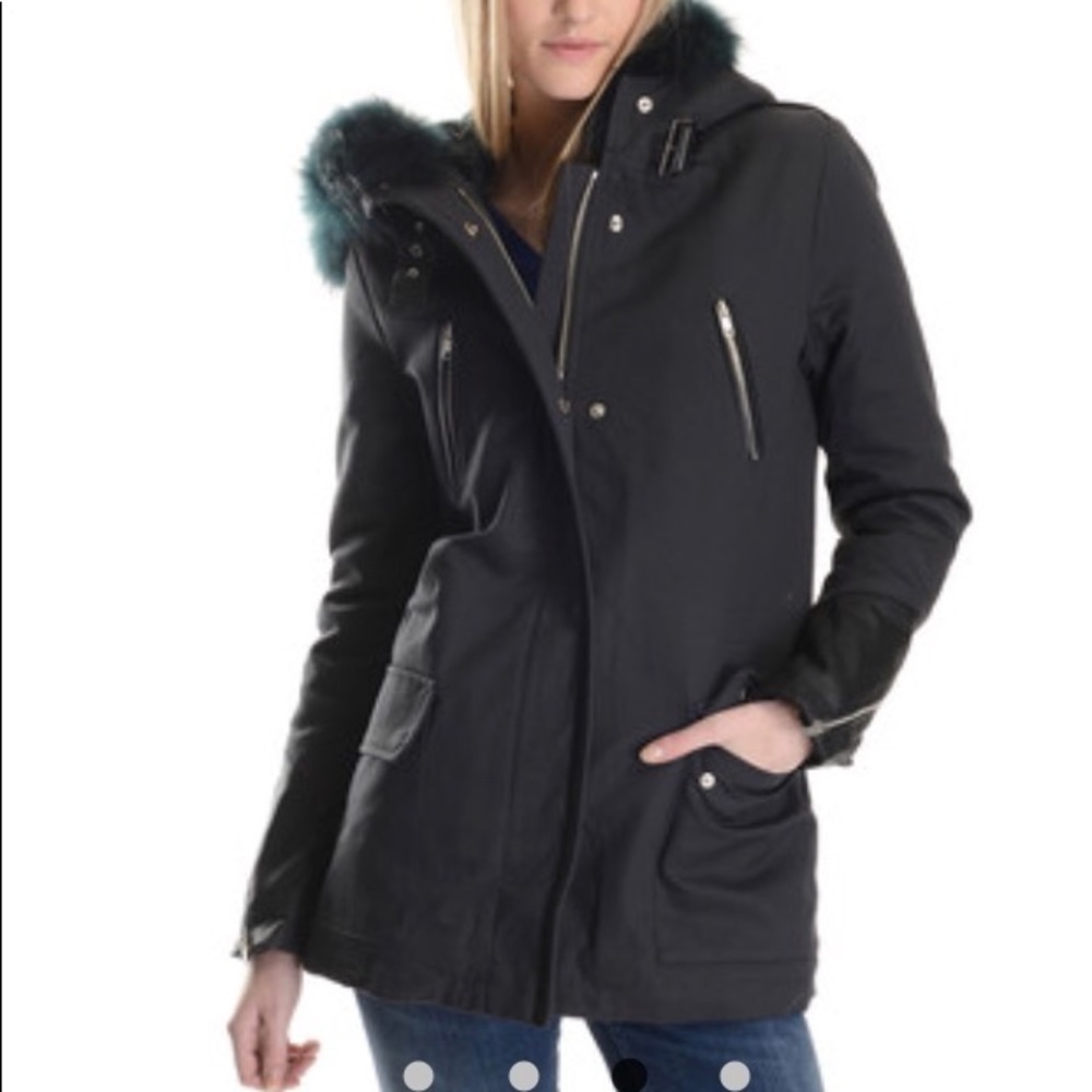 MAJE | Coat  with green fur lining and hood